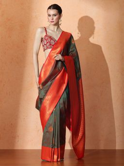 Sarha - Katan Silk Saree In Geometric Weave Green Saree with Unstiched Blouse