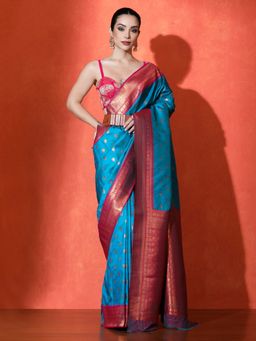 Sarha - Woven Design Katan Silk Saree Weave Blue Saree with Unstiched Blouse