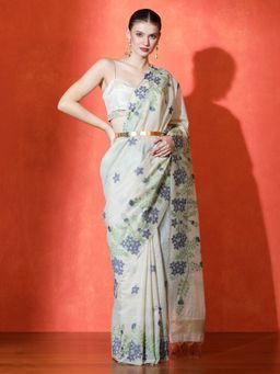 Sarha - Woven Design Silk Saree In Floral Weave Off White Saree with Unstiched Blouse