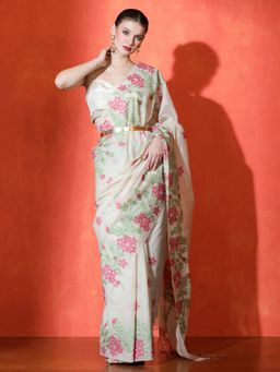 Sarha - Woven Design Silk Saree In Floral Weave Cream Saree with Unstiched Blouse