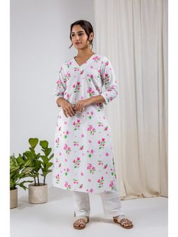 Studio Rabha - Cotton Slub White Floral V-Neck Kurta with Pant