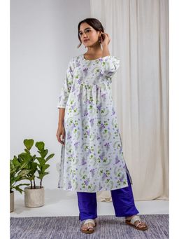Studio Rabha - Cotton Linen Lavender Floral Round Neck Kurta with Pant