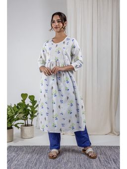 Studio Rabha - Cotton Linen White Floral Round Neck Kurta with Pant