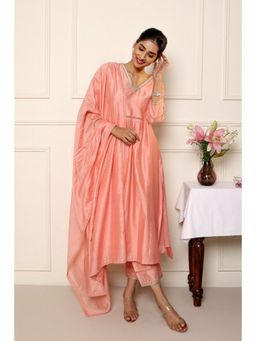 Studio Rabha - Chanderi Peach Solid/Plain V-Neck Kurta with Pant and Dupatta