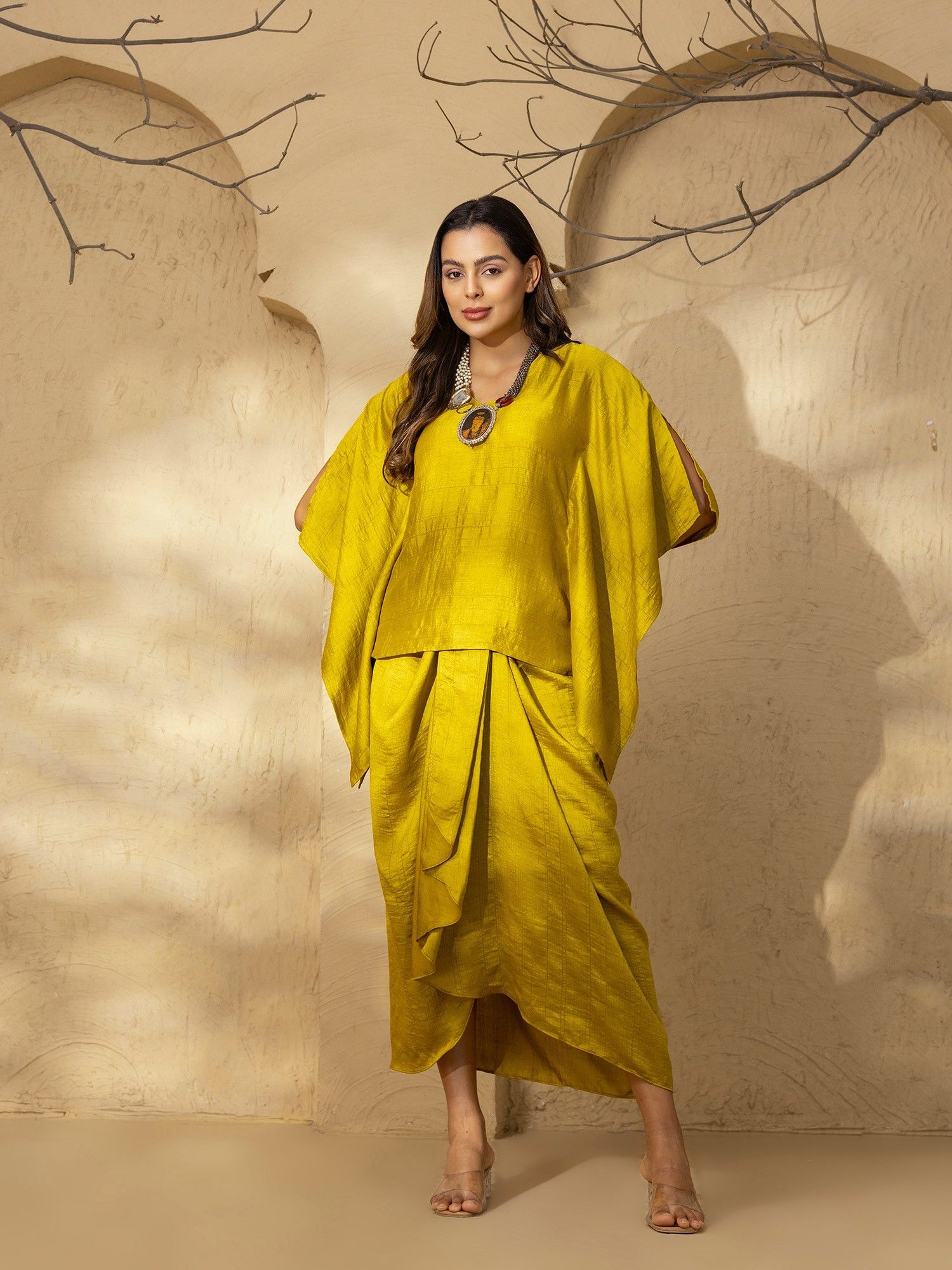 Yellow Kaftan Top with Dhoti Style Skirt-image-2