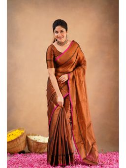 Sutisancha - Copper Elegance Temple Tissue Saree with Unstitched Blouse