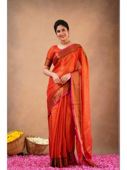 Sutisancha - Orange Elegance Temple Tissue Saree with Unstitched Blouse