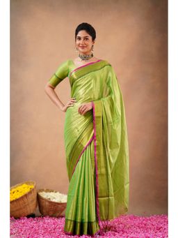Sutisancha - Parrot Green Elegance Temple Tissue Saree with Unstitched Blouse