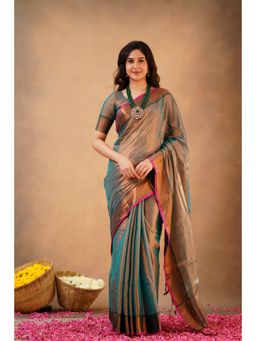 Sutisancha - Rama Green Elegance Temple Tissue Saree with Unstitched Blouse