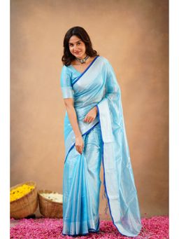 Sutisancha - Aqua Blue Elegance Temple Tissue Saree with Unstitched Blouse
