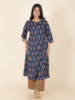 ARAMYA - Soft Cotton A-Line Floral Print Blue Kurta with Palazzo
