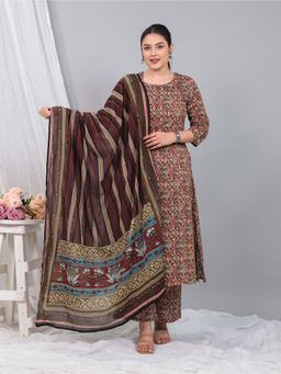 ARAMYA - Soft Cotton A-Line Print Red Kurta with Palazzo and Dupatta