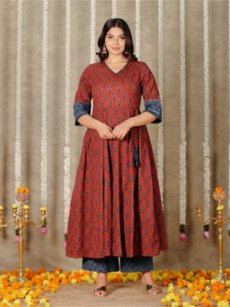 ARAMYA - Soft Cotton Printed Red Kurta with Palazzo