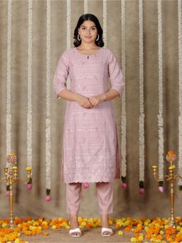 ARAMYA - Chanderi Panelled Floral Print Pink Kurta with Pant