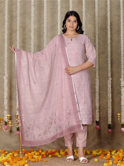 ARAMYA - Chanderi Panelled Floral Print Pink Kurta with Pant and Dupatta