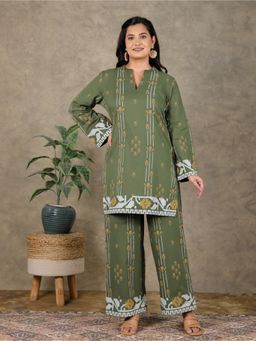 ARAMYA - Soft Cotton Jamdani Print Green Co-Ord Set
