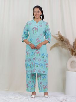 ARAMYA - Soft Cotton Straight Floral Print Blue Kurta with Pant