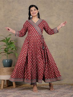 ARAMYA - Soft Cotton Angrakha Ajrakh Print Red Kurta with Pant