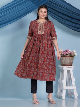ARAMYA - Soft Cotton A-Line Floral Print Rust Anarkali Kurta with Pant