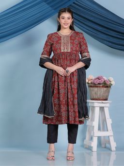 ARAMYA - Soft Cotton A-Line Floral Print Rust Anarkali Kurta with Pant and Dupatta