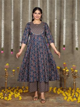 ARAMYA - Soft Cotton Anarkali Geometric Print Blue Kurta with Palazzo