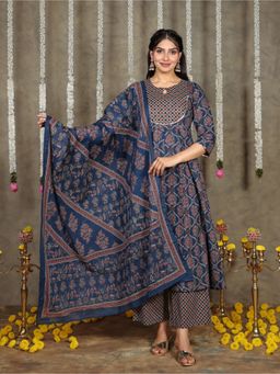 ARAMYA - Soft Cotton Anarkali Geometric Print Blue Kurta with Palazzo and Dupatta