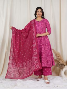 ARAMYA - Soft Cotton Anarkali Bandhani Print Pink Kurta with Palazzo and Dupatta