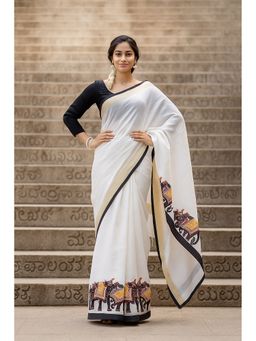 Anjaneya Sarees - White Printed Linen Saree with Unstitched Blouse