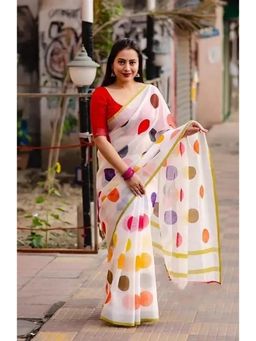 Anjaneya Sarees - White Polka Dots Linen Saree with Unstitched Blouse
