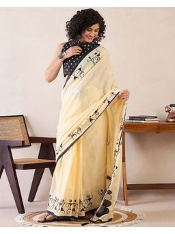 Anjaneya Sarees - Cream Printed Linen Saree with Unstitched Blouse