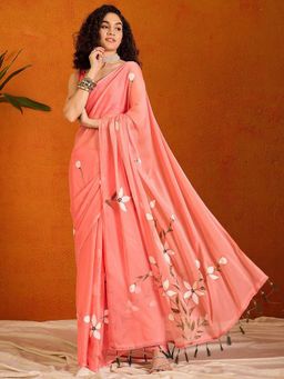Anjaneya Sarees - Peach Floral Linen Saree with Unstitched Blouse