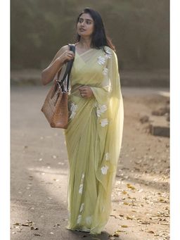 Anjaneya Sarees - Green Floral Linen Saree with Unstitched Blouse