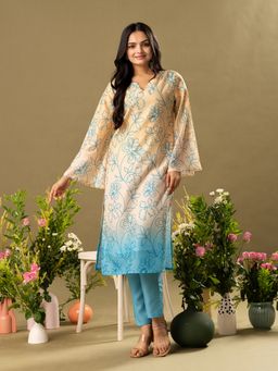 WEAVLLITE - Cream Muslin Round Neck Kurta with Pant