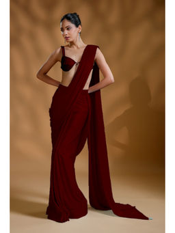 HANDME - Premium Designer Red Saree With Unique Drape In Luxe Fabric without Blouse