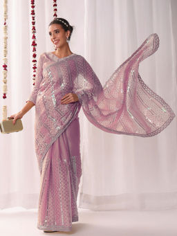 Chhabra 555 - Ombre Resham Embroidered Lavender Saree With Sequinned Stripes & Unstitched Blouse