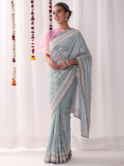 Chhabra 555 - Chikankari Resham Turquoise Saree With Floral with Unstitched Blouse