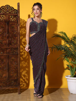 Chhabra 555 - Black Pre-Stitched Saree With Striped & Embellished Yoke with Stitched Blouse