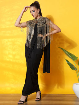 Chhabra 555 - Black Pre-Draped Saree With Embellished Cape With Tassels & Stitched Blouse