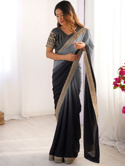 JATRIQQ - Black Chinon Silk Thread with Sequence Lace Work Saree with Unstitched Blouse
