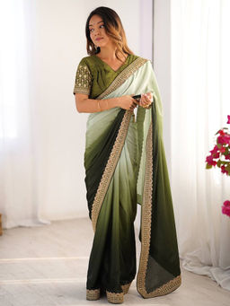 JATRIQQ - Mehendi Chinon Silk Thread with Sequence Lace Work Saree with Unstitched Blouse