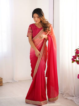 JATRIQQ - Pink Chinon Silk Thread with Sequence Lace Work Saree with Unstitched Blouse