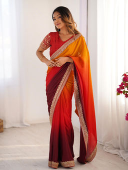 JATRIQQ - Red Chinon Silk Thread with Sequence Lace Work Saree with Unstitched Blouse