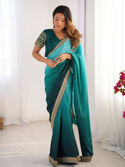 JATRIQQ - Teal Chinon Silk Thread with Sequence Lace Work Saree with Unstitched Blouse