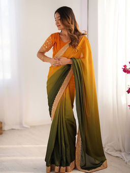 JATRIQQ - Yellow Chinon Silk Thread with Sequence Lace Work Saree with Unstitched Blouse