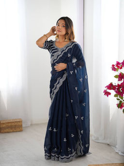 JATRIQQ - Blue Jimmy Chu Thread with Sequence Lace Work Saree with Unstitched Blouse