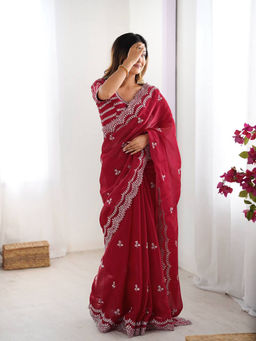 JATRIQQ - Maroon Jimmy Chu Thread with Sequence Lace Work Saree with Unstitched Blouse