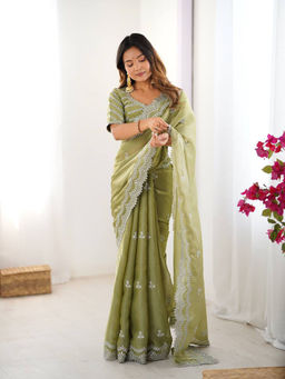 JATRIQQ - Pista Jimmy Chu Thread with Sequence Lace Work Saree with Unstitched Blouse