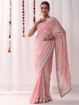 Chhabra 555 - Chikankari Resham Pink Saree With Floral with Unstitched Blouse