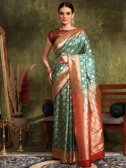 Chhabra 555 - Handloom Banarasi Silk Teal Saree With Zari Woven Flowers with Unstitched Blouse