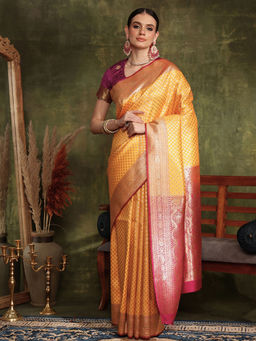 Chhabra 555 - Handloom Banarasi Silk Yellow Saree With Zari Woven Flowers with Unstitched Blouse